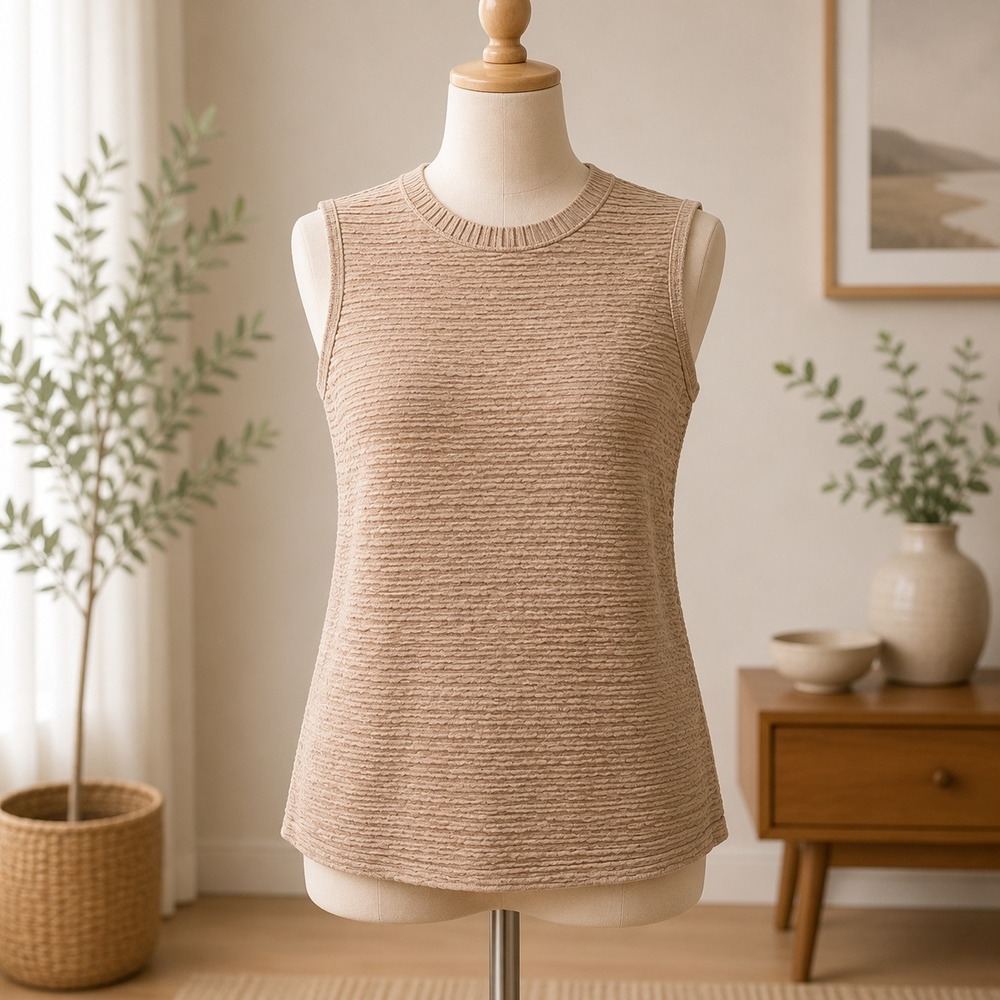 NWT Cupshe Textured Tank Top‎  Small Tan Padded Shoulder Crew Neck Sleeveless